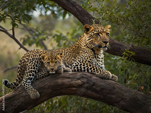 Leopard and Cub in a Tree: a leopard resting on a tree branch with her cub nearby. photo