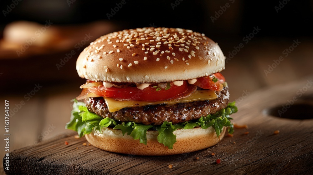 A delicious sesame seed burger stacked with fresh lettuce, tomato, cheese, and a juicy patty on a wooden surface. A delicious sesame seed burger stacked with fresh lettuce, tomato, cheese, and a juicy patty on a wooden surface.