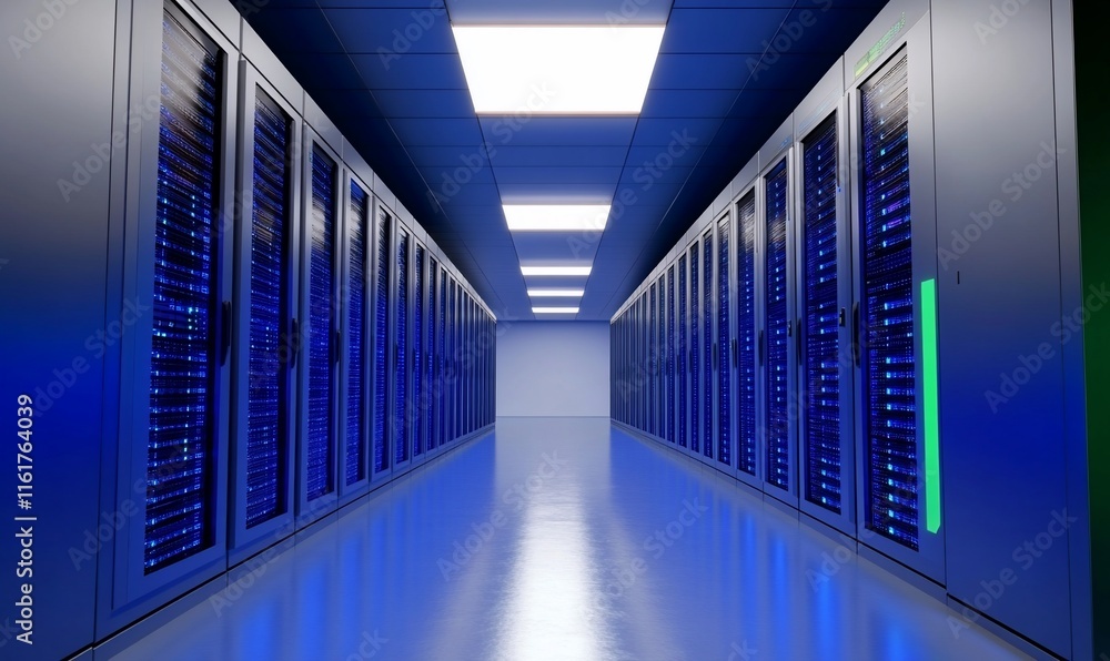 Fototapeta premium A corridor of server racks illuminated in blue light.
