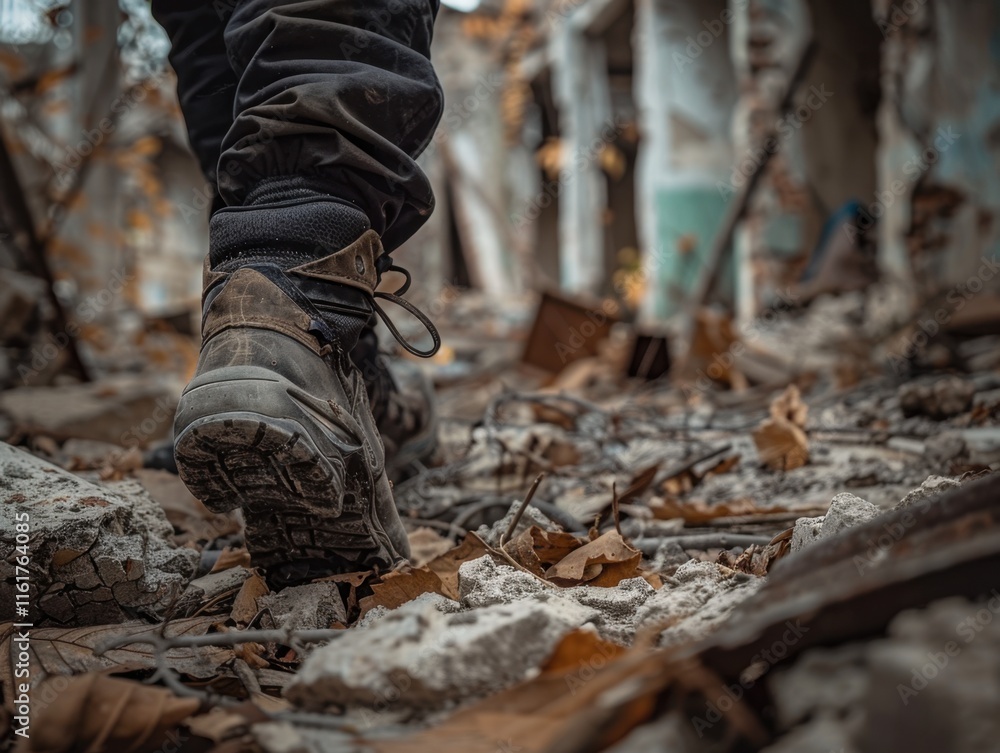Rugged Boots Walking Through Scattered Debris and Ruins Rugged Boots Walking Through Scattered Debris and Ruins