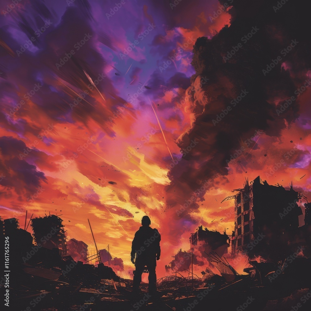 Obraz premium Lone Figure Observing Crumbling Cityscape at Dusk with Dramatic Skies