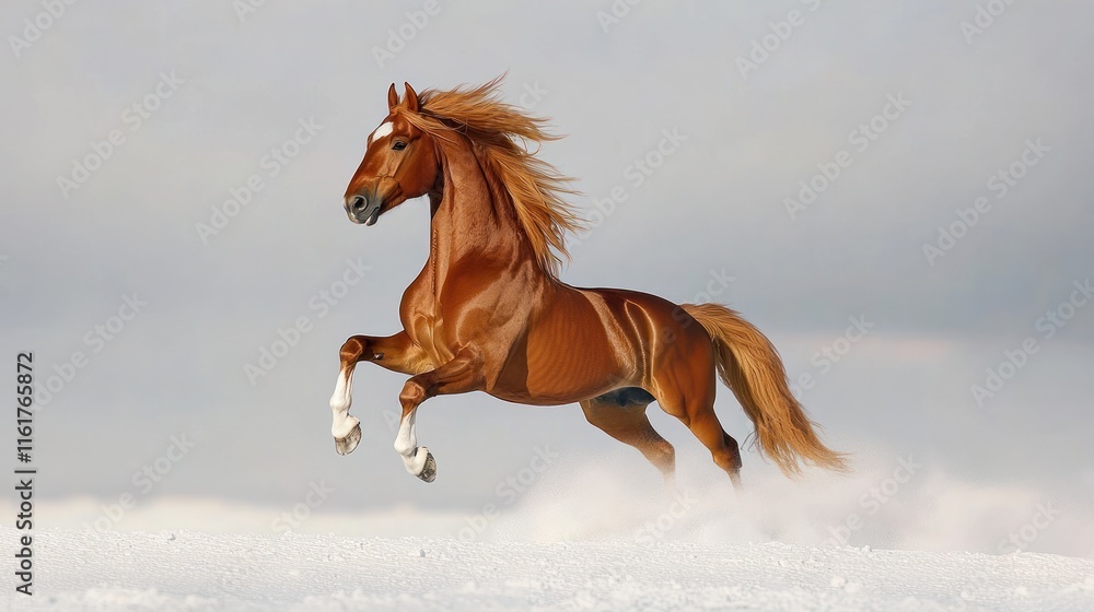 Majestic Chestnut Stallion Leaping Through Winter Wonderland Majestic Chestnut Stallion Leaping Through Winter Wonderland