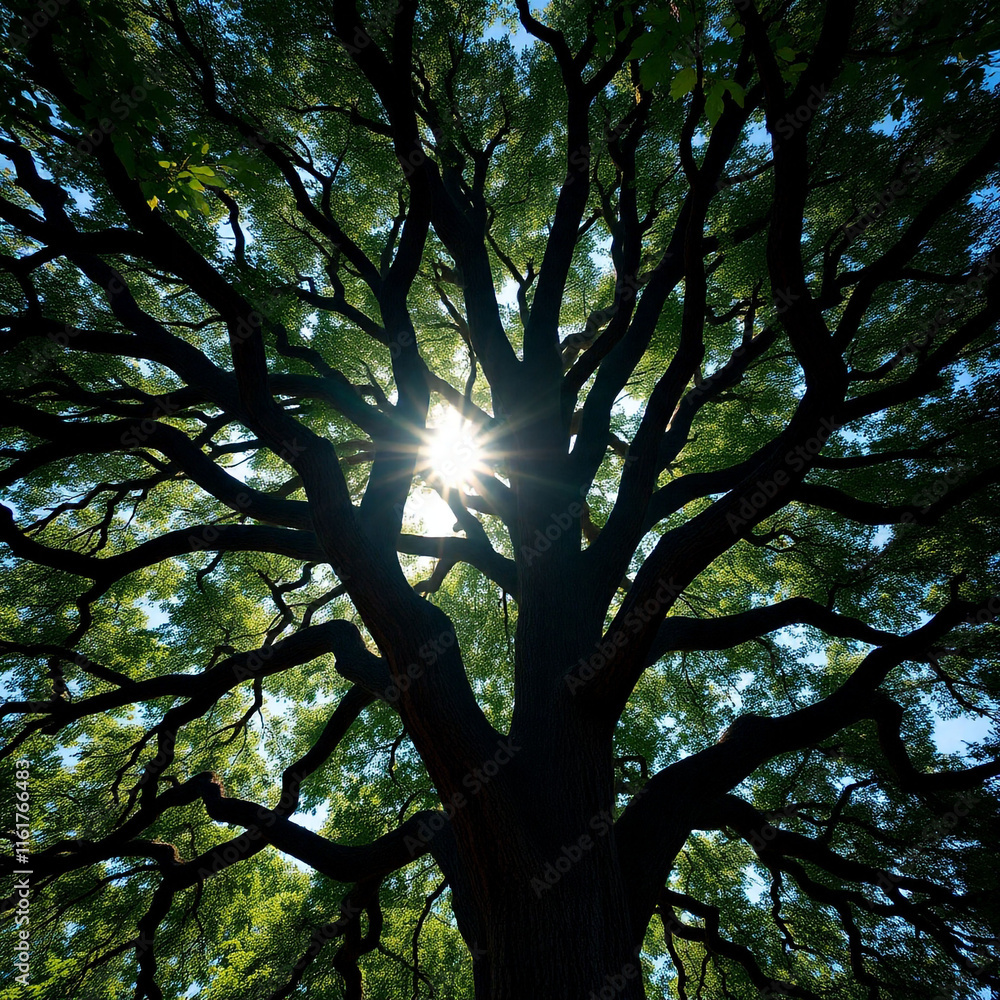 Fototapeta premium The sun shining through a majestic green oak tree on a meadow, with clear blue sky in the background, panorama format