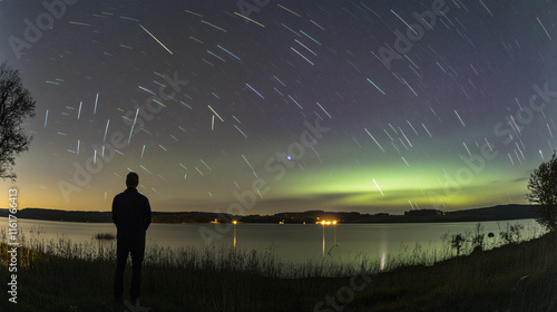 Silhouette man tranquil lake under vibrant aurora borealis starry sky mesmerizing nightscape celestial phenomena digital art nature photography sci-fi meditation storytelling wallpaper fantasy photo