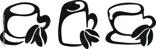set with black and white logos of various coffee cups of different shapes with coffee beans next to them drawn with an unusual outline