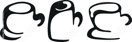 set of original prints of logos of various coffee cups drawn with an unusual outline, for various designs