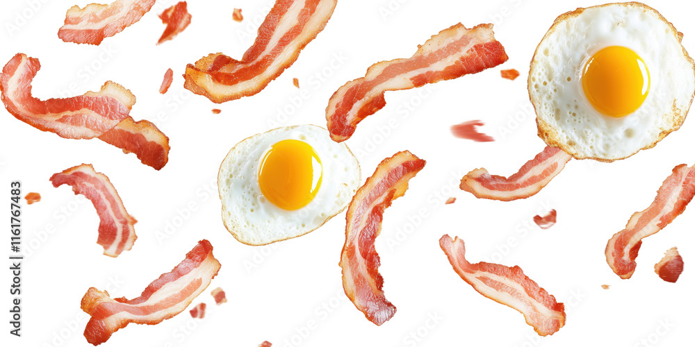 Three slices of bread with a fried egg and bacon on top Three slices of bread with a fried egg and bacon on top