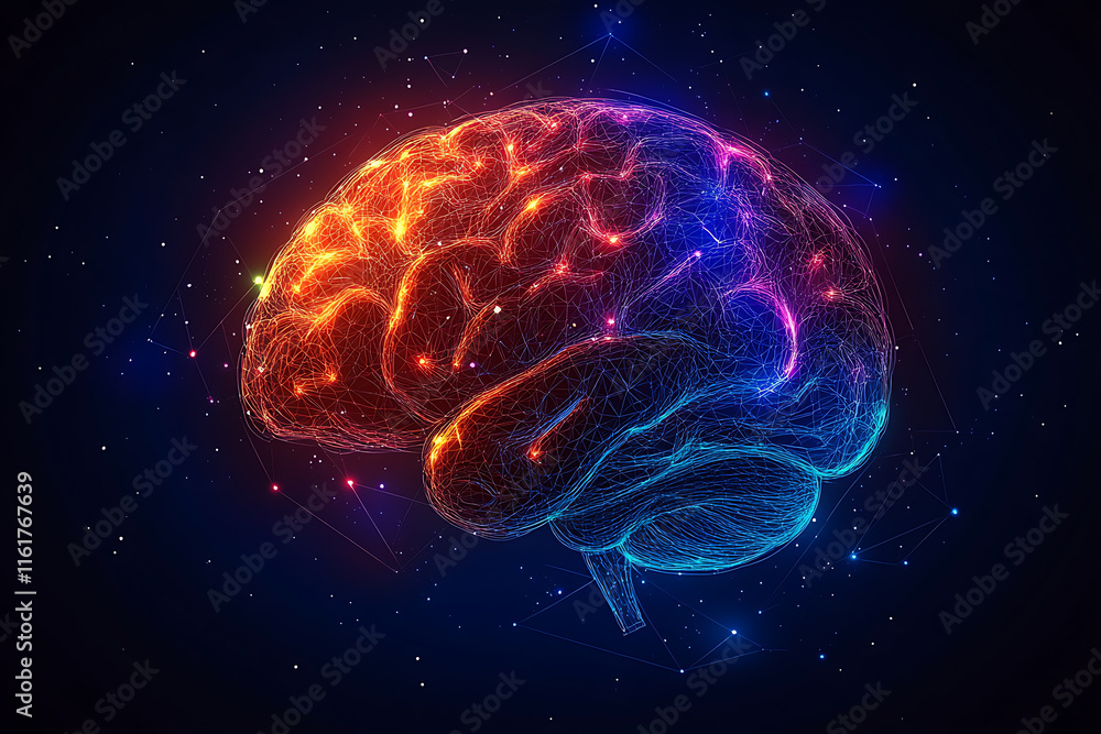Vector illustration of a human brain with glowing neon colors and intricate lines on a dark blue background. This concept represents advanced neuroscience and technology Vector illustration of a human brain with glowing neon colors and intricate lines on a dark blue background. This concept represents advanced neuroscience and technology