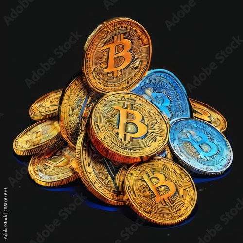 Bitcoin Coins Pyramid Arrangement in Gold, Blue, and Orange Colors on Black Background - Illustration of Coin Pile. photo