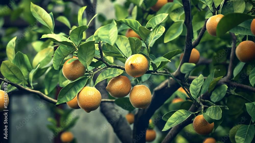 Orange trees laden with ripe fruit in a lush garden during late afternoon sunlight