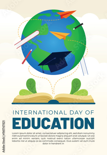 a poster for international education day with book and globe