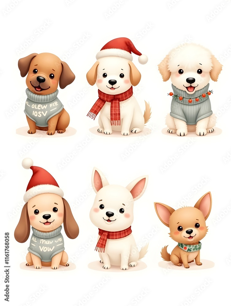 A set of illustrations in children's style on Christmas theme. Cute dogs in warm sweaters and scarves, Santa Claus hat and Christmas garland. Dachshund Pug Spitz Poodle Spaniel Chihuahua A set of illustrations in children's style on Christmas theme. Cute dogs in warm sweaters and scarves, Santa Claus hat and Christmas garland. Dachshund Pug Spitz Poodle Spaniel Chihuahua