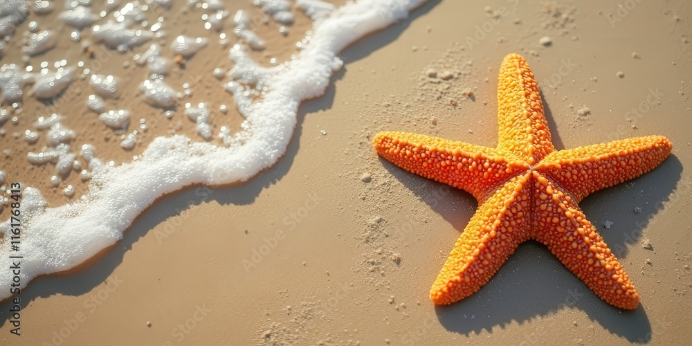 Seashore Serenity: Orange Starfish on Sandy Beach with Gentle Wave. Seashore Serenity: Orange Starfish on Sandy Beach with Gentle Wave.