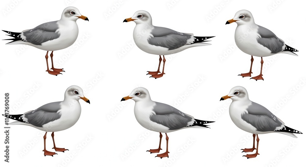 Obraz premium Detailed Seagull Illustration Collection Set with Six Unique Poses on White Background