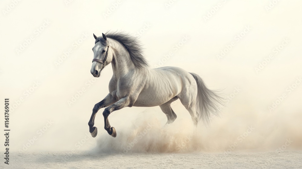 Obraz premium Majestic White Stallion Galloping Through Dust