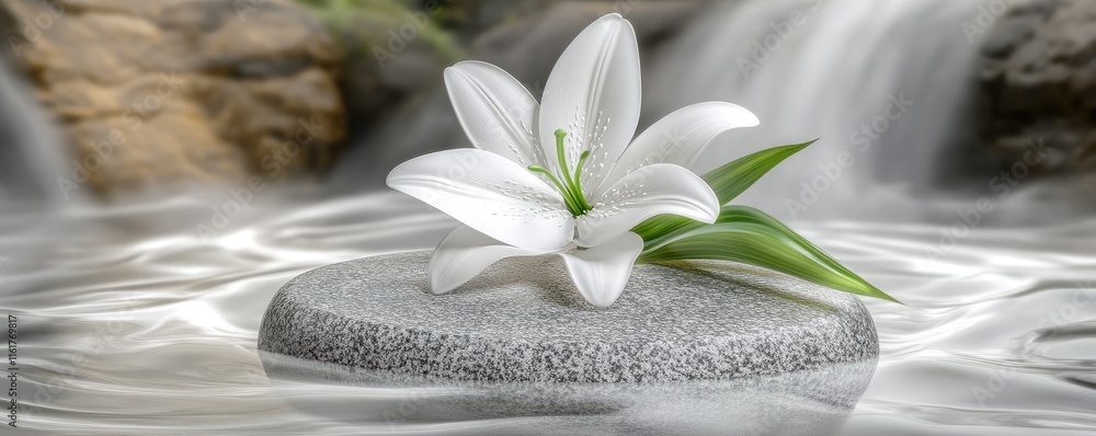 A serene lily rests on a smooth stone, surrounded by gentle flowing water. A serene lily rests on a smooth stone, surrounded by gentle flowing water.