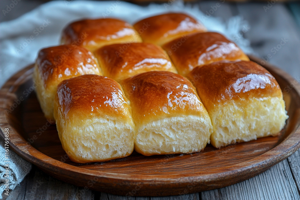 Golden brown dinner rolls are on a round wooden plate. (Generative AI) Golden brown dinner rolls are on a round wooden plate. (Generative AI)