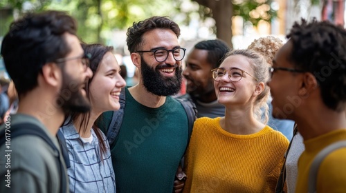 A diverse group of people from different cultural backgrounds interacting respectfully in a public space.