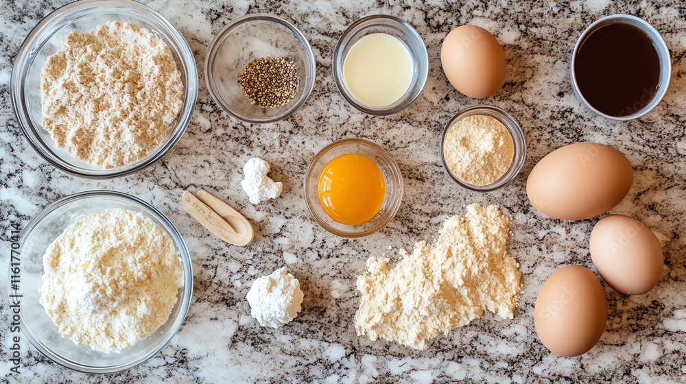 Ingredients for baking on a kitchen counter. Ingredients for baking on a kitchen counter.