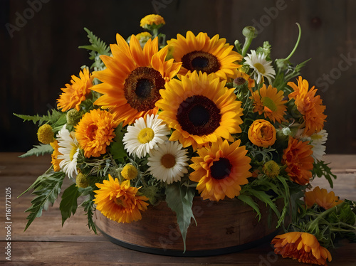 Wallpaper Mural A circular floral arrangement featuring bright summer blooms like sunflowers, daisies, and marigolds, crafted into a radiant frame for vibrant visual storytelling. Torontodigital.ca