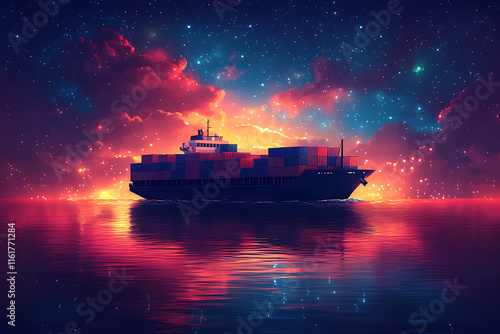 A detailed vector illustration of a cargo ship, navigating through calm waters under a starry night sky. The ship features stacked containers, symbolizing global trade, logistics, and maritime transpo photo