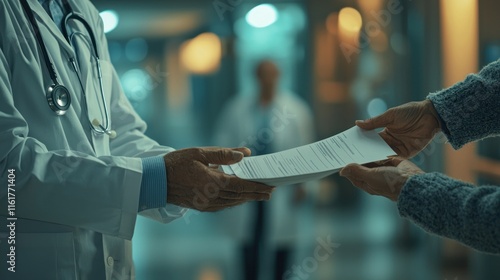 A doctor handing a patient discharge papers, symbolizing a hospital release after recovery.