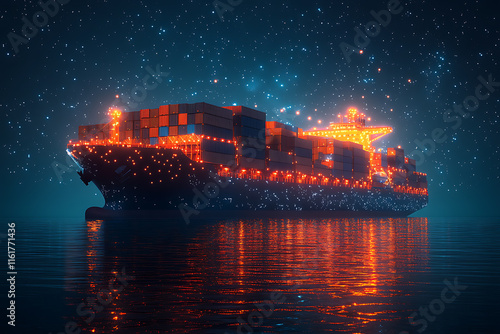 A detailed vector illustration of a cargo ship, navigating through calm waters under a starry night sky. The ship features stacked containers, symbolizing global trade, logistics, and maritime transpo photo