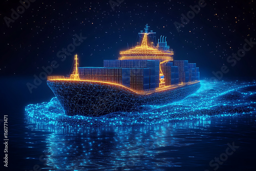 A detailed vector illustration of a cargo ship, navigating through calm waters under a starry night sky. The ship features stacked containers, symbolizing global trade, logistics, and maritime transpo photo