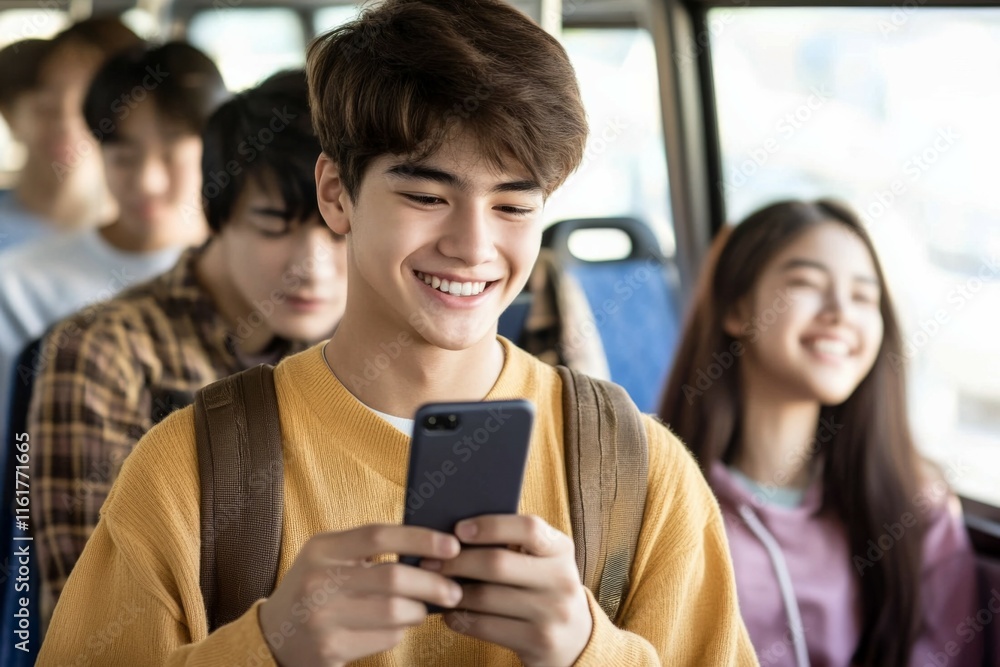 Happy Asian Man Using Cell Phone While Riding on a Bus Happy Asian Man Using Cell Phone While Riding on a Bus