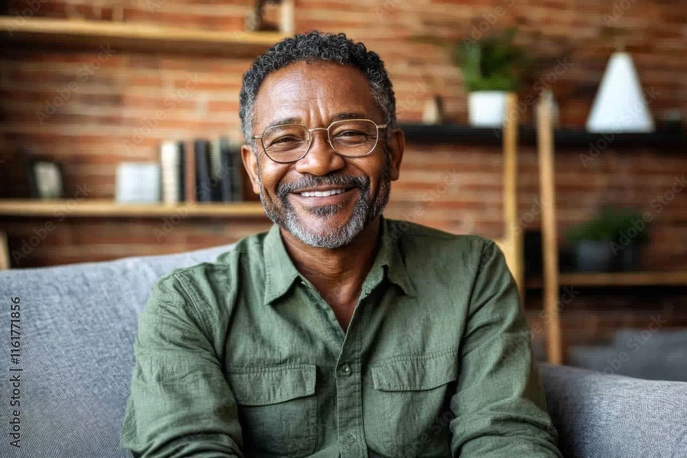 Cheerful African American man in glasses and casual attire relaxing on a sofa in a headshot Cheerful African American man in glasses and casual attire relaxing on a sofa in a headshot