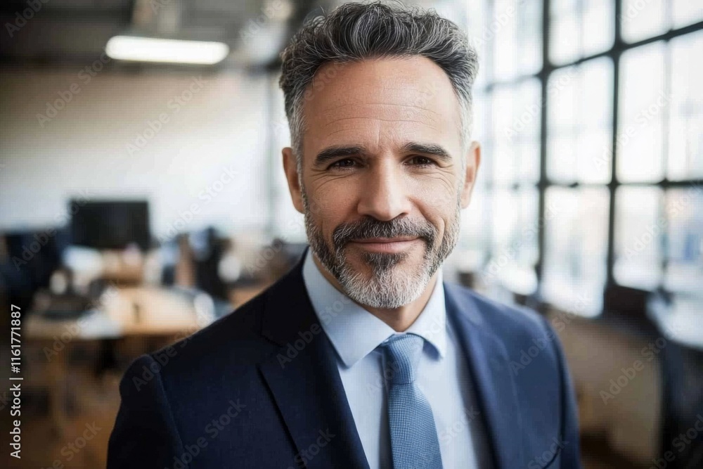 Confident middle-aged businessman in suit smiling and posing in office interior, exuding happiness and confidence for portrait