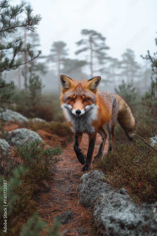 Obraz premium A fox walking through a misty forest path surrounded by trees and rocks.