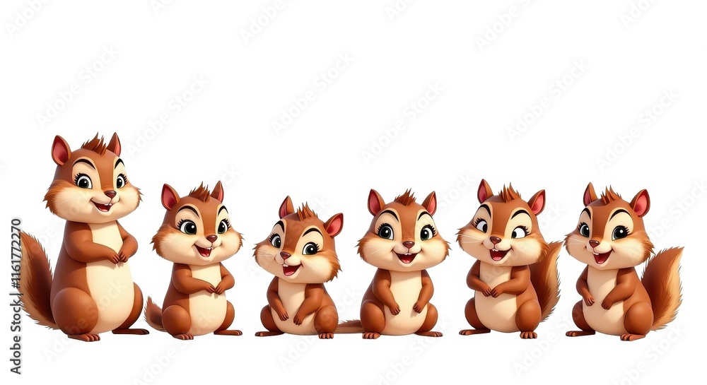 Obraz premium Cute Cartoon Chipmunk Family Illustration with Adorable Expressions for Children's Stories and Educational Materials