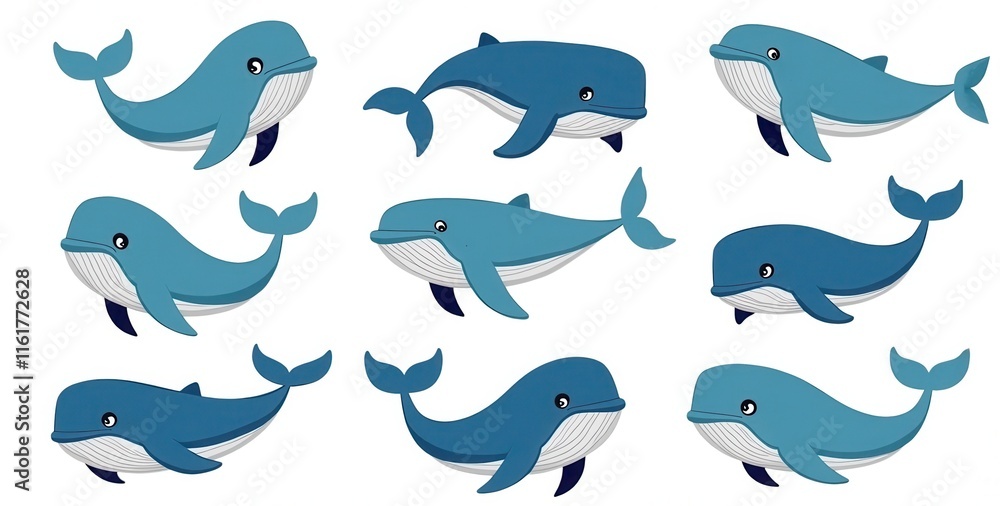Obraz premium Whimsical Whale Illustrations Set Featuring Cute Cartoon Style - Perfect for Children's Designs and Educational Projects