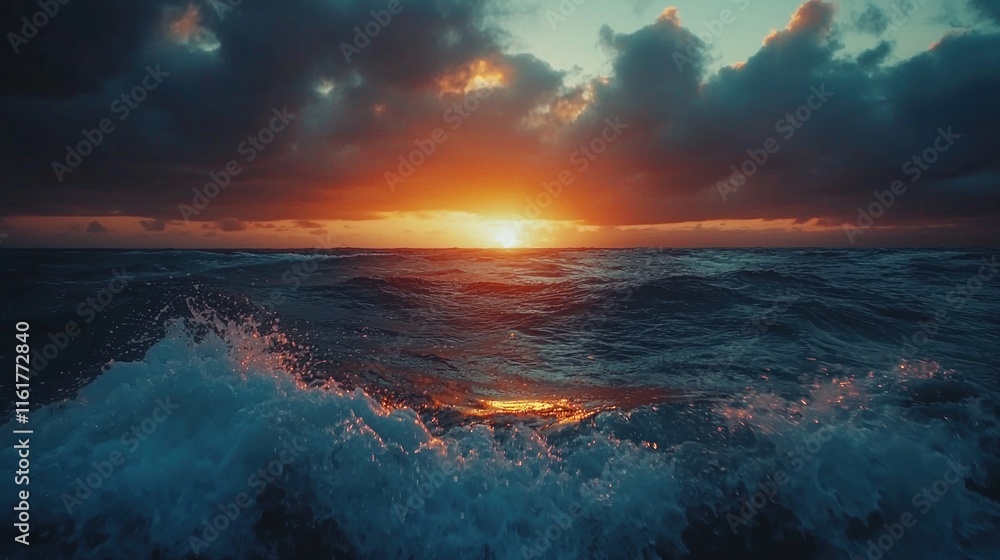 A dramatic view of the ocean during sunset, with the horizon glowing in warm colors A dramatic view of the ocean during sunset, with the horizon glowing in warm colors