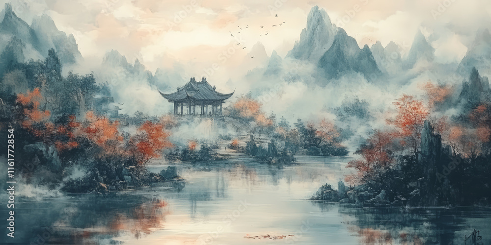 Fototapeta premium Traditional Chinese style of minimalist landscape painting art background