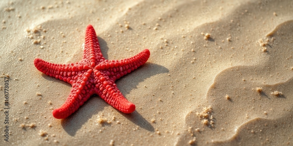 Red Starfish on Sandy Beach: A close-up view of a vibrant red starfish resting on a sandy beach, bathed in warm sunlight, evoking a sense of tranquility and the beauty of nature. Red Starfish on Sandy Beach: A close-up view of a vibrant red starfish resting on a sandy beach, bathed in warm sunlight, evoking a sense of tranquility and the beauty of nature.