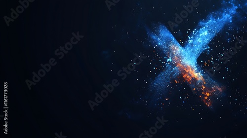 Abstract fiery blue and orange X shape particle design.