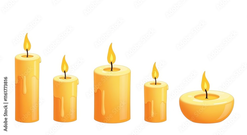 Illustration of Various Yellow Candles with Flickering Flames, Perfect for Relaxation or Spiritual Backgrounds Illustration of Various Yellow Candles with Flickering Flames, Perfect for Relaxation or Spiritual Backgrounds