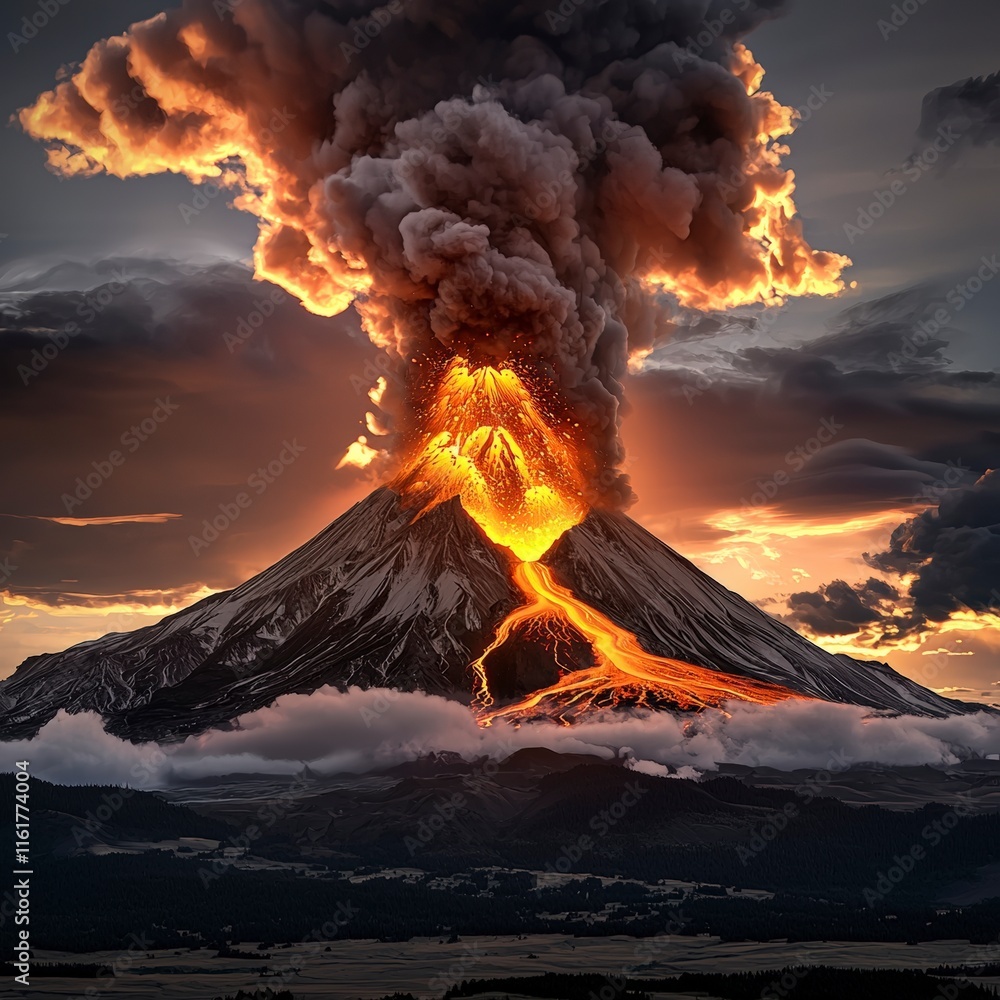 Fototapeta premium Erupting Volcano Dramatic Landscape Fiery Lava Flow Night Sky Nature Disaster