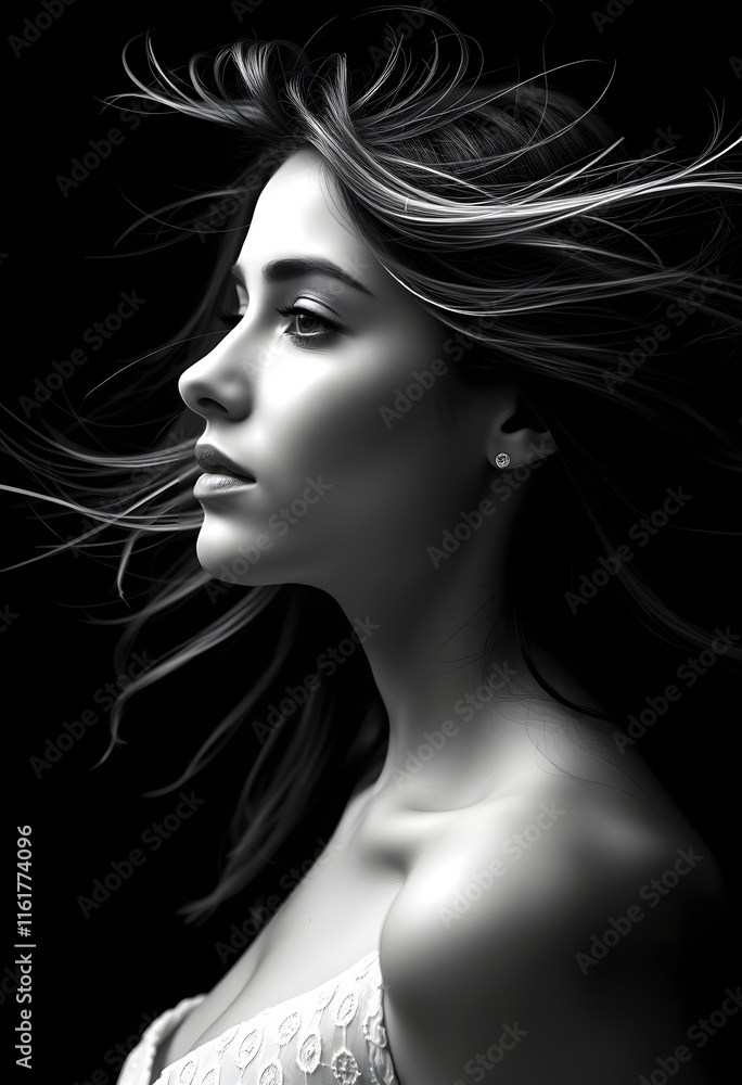 pretty sexy girl black and white profile with wind in the hair, Diffused lighting pretty sexy girl black and white profile with wind in the hair, Diffused lighting