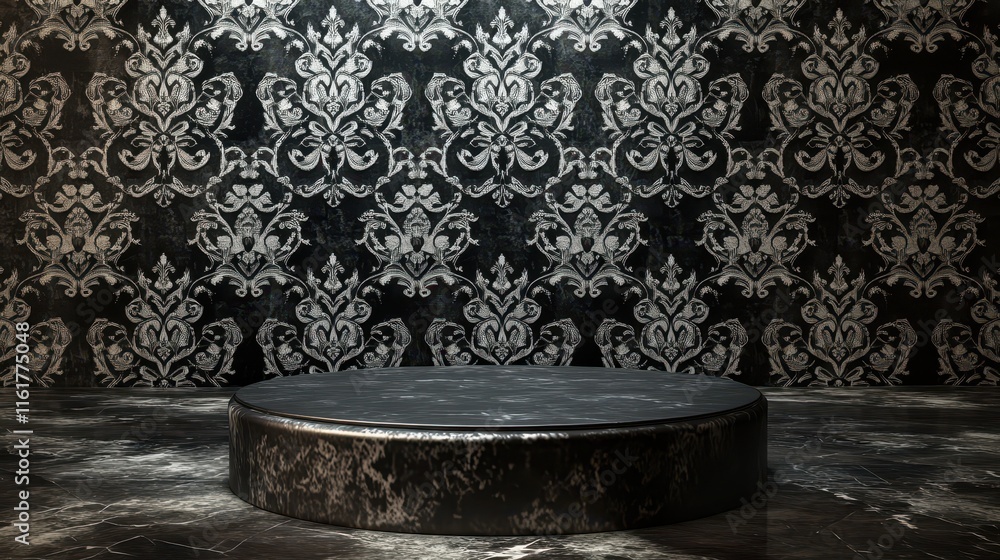 Fototapeta premium Dark Marble Pedestal Against Ornate Wallpaper Background