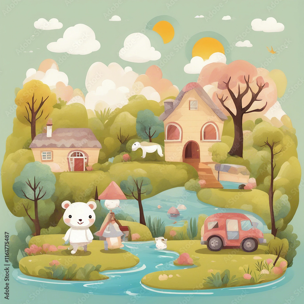Obraz premium cute children's landscape background illustration
