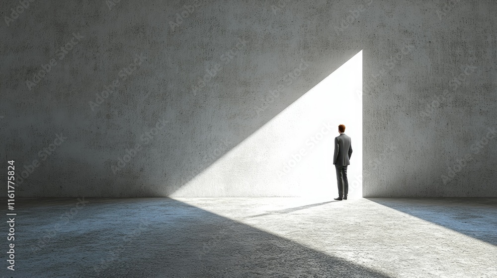 Businessman standing in a large, empty room, looking towards a triangular light source in a concrete wall. Businessman standing in a large, empty room, looking towards a triangular light source in a concrete wall.