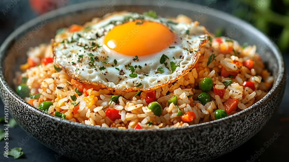 A bowl of fried rice topped with a sunny-side-up egg and garnished with herbs. A bowl of fried rice topped with a sunny-side-up egg and garnished with herbs.