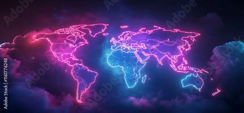 Wallpaper Mural A vibrant neon world map against a cosmic background, highlighting global connections. Torontodigital.ca