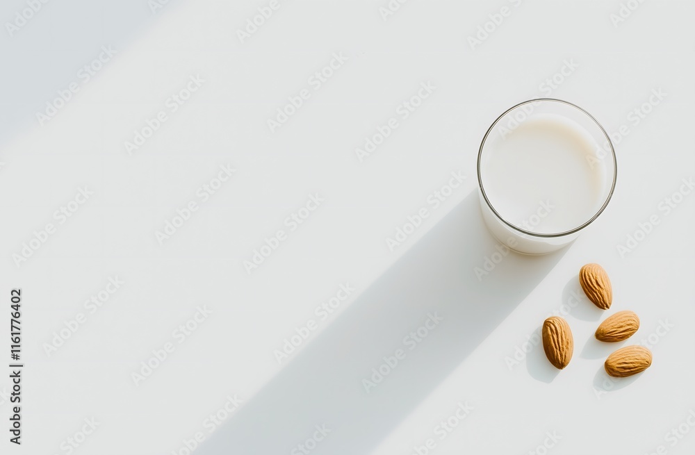 A clean, minimalist top-down shot of a glass of almond milk and a few almonds arranged on a bright white surface. A clean, minimalist top-down shot of a glass of almond milk and a few almonds arranged on a bright white surface.