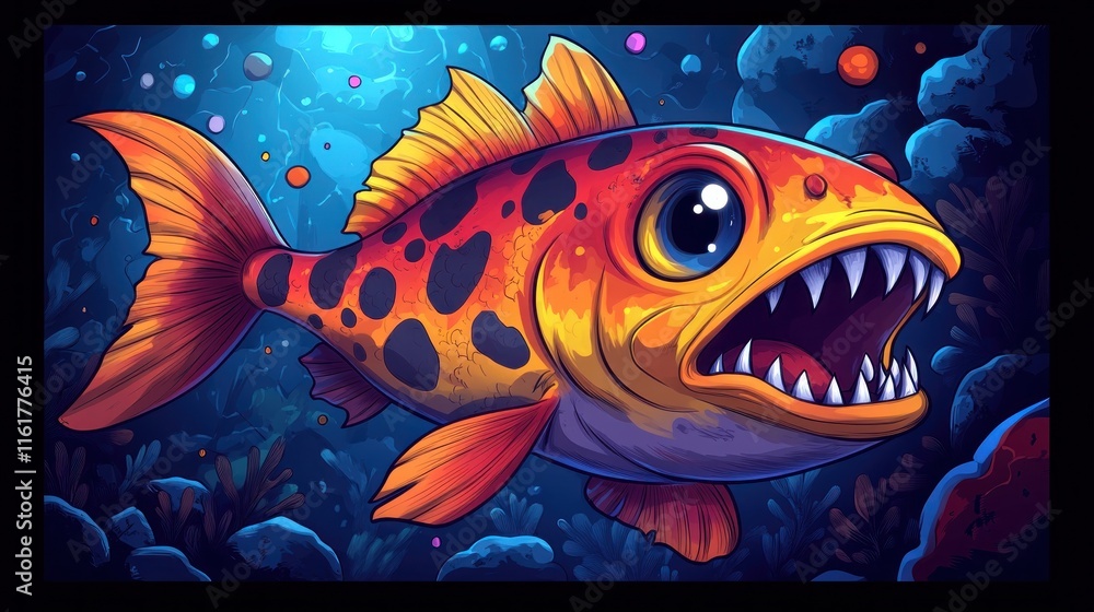 Fototapeta premium Cartoon fierce orange fish with big teeth in ocean.