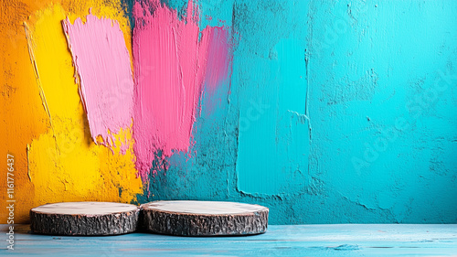 Colorful Artistic Background With Vibrant Paint Strokes and Wooden Podiums photo