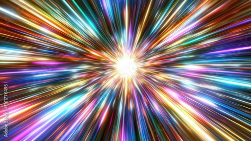Abstract colorful light rays radiating from a bright center, creating a dynamic and energetic burst of color.
